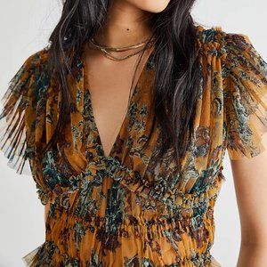 Free People Gold Flutter Sleeve Crop Top - Size S Small